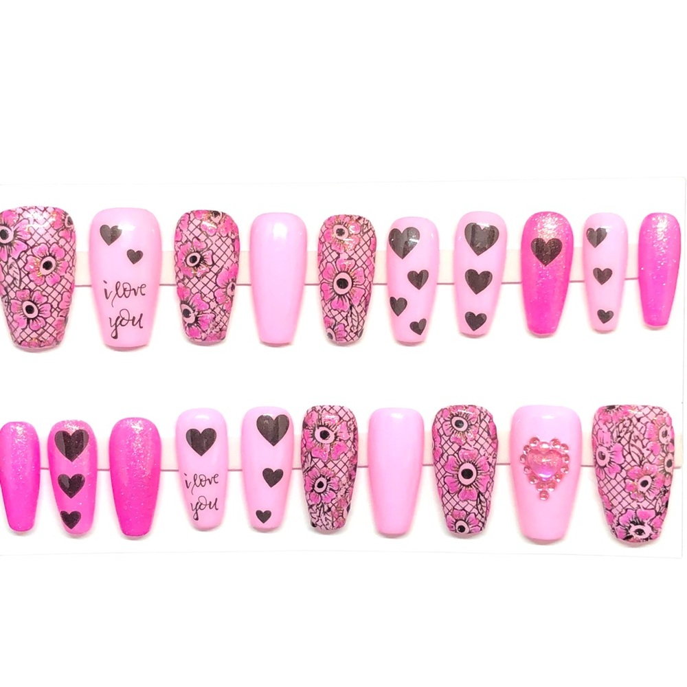 Handmade Custom Press On Nails Full Set Pink Nails Love Flowers Spring Romance